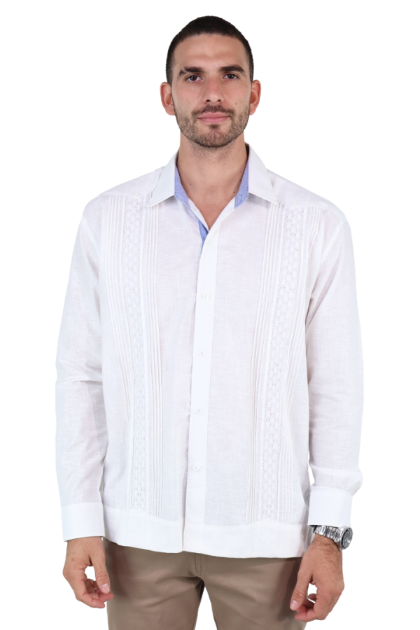 Guayabera Blanca Manga Larga De Aldogón Detalle Bordado Estilo Clásico Para Hombre